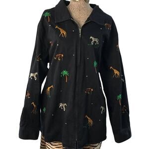The Quacker Factory Sz 2X Zip Embroidered Rhinestones Black Shirt Side Splits